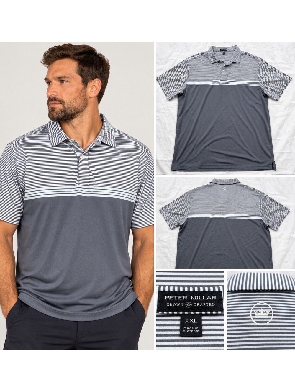 Peter Millar Crown Crafted Polo Shirt Men XXL Gray White Stripe Golf Performance